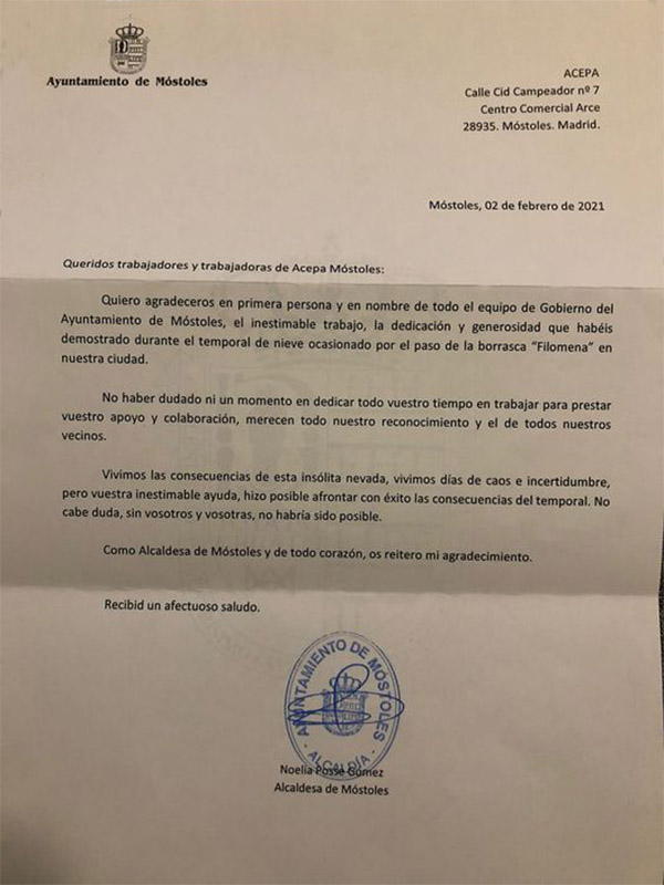 Agradecimientos del Ayuntamiento a Acepa por Filomena